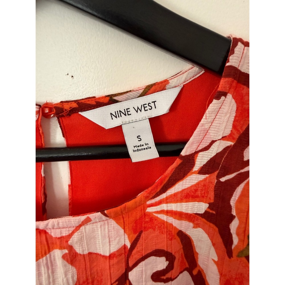 Nine West Red Tropical Leaf Tiered Midi Dress Sleeveless Small - Picture 4 of 5